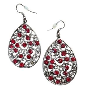 Ornate Red and Silvertone Teardrop Earrings
